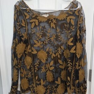 Sundance Black and Gold Floral Blouse Mesh Lace
